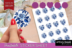 Blue Toile Flowers Round Sticker - Chinoiserie Printable Product Image 1