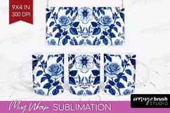Blue Toile Flowers Mug Wrap - Chinoiserie Mug PNG Product Image 1