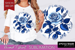 Blue Toile Flowers Round Tshirt Background - Chinoiserie PNG Product Image 1