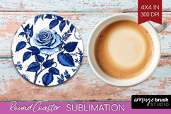 Blue Toile Flowers Round Coaster - Chinoiserie Coaster PNG Product Image 1