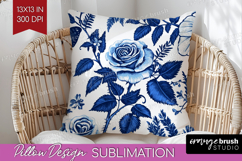 Blue Toile Flowers Pillow Sublimation - Chinoiserie Pillow Product Image 1