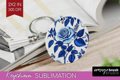 Blue Toile Flowers Keychain PNG - Chinoiserie Keychain Product Image 1