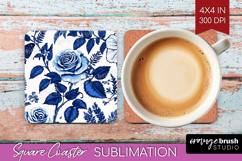 Blue Toile Flowers Square Coaster - Chinoiserie Coaster PNG Product Image 1