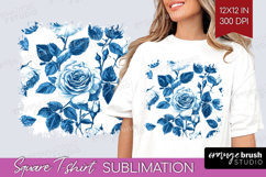 Blue Toile Flowers Square Tshirt Background - Chinoiserie Product Image 1
