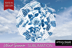 Blue Toile Flowers Wind Spinner Sublimation PNG - Round Product Image 1