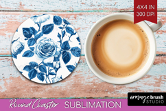 Blue Toile Flowers Round Coaster - Chinoiserie Coaster PNG Product Image 1
