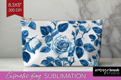 Blue Toile Flowers Cosmetic Bag - Chinoiserie Makeup Bag PNG Product Image 1