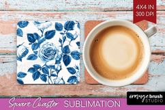 Blue Toile Flowers Square Coaster - Chinoiserie Coaster PNG Product Image 1