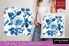 Blue Toile Flowers Tote Bag - Chinoiserie Tote Bag PNG Product Image 1