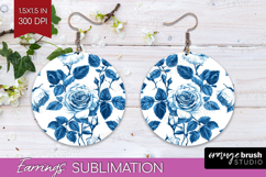 Blue Toile Flowers Round Earrings - Chinoiserie PNG Product Image 1