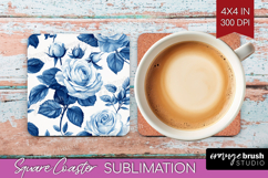 Blue Toile Flowers Square Coaster - Chinoiserie Coaster PNG Product Image 1