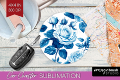 Blue Toile Flowers Car Coaster - Chinoiserie Coaster PNG Product Image 1