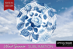 Blue Toile Flowers Wind Spinner Sublimation PNG - Round Product Image 1