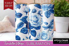Blue Toile Flowers Tumbler Wrap - Chinoiserie Tumbler PNG Product Image 1