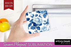 Blue Toile Flowers Magnet Sublimation - Chinoiserie Square Product Image 1