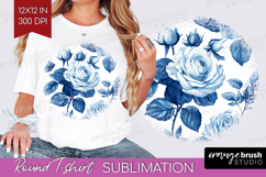 Blue Toile Flowers Round Tshirt Background - Chinoiserie PNG Product Image 1