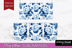 Blue Toile Flowers Mug Wrap - Chinoiserie Mug PNG Product Image 1