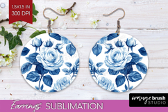 Blue Toile Flowers Round Earrings - Chinoiserie PNG Product Image 1