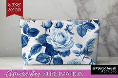 Blue Toile Flowers Cosmetic Bag - Chinoiserie Makeup Bag PNG Product Image 1