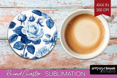 Blue Toile Flowers Round Coaster - Chinoiserie Coaster PNG Product Image 1