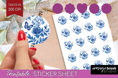 Blue Toile Flowers Round Sticker - Chinoiserie Printable Product Image 1