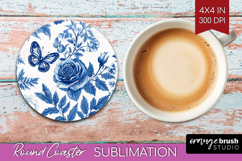 Blue Toile Flowers Round Coaster - Chinoiserie Coaster PNG Product Image 1