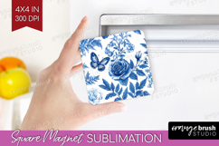Blue Toile Flowers Magnet Sublimation - Chinoiserie Square Product Image 1