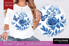 Blue Toile Flowers Round Tshirt Background - Chinoiserie PNG Product Image 1