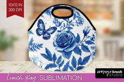 Blue Toile Flowers Lunch Bag - Chinoiserie Lunch Bug PNG Product Image 1