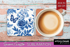 Blue Toile Flowers Square Coaster - Chinoiserie Coaster PNG Product Image 1