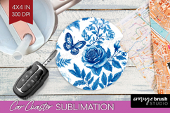 Blue Toile Flowers Car Coaster - Chinoiserie Coaster PNG Product Image 1