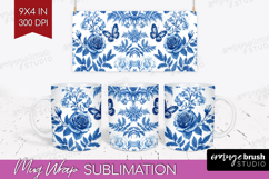 Blue Toile Flowers Mug Wrap - Chinoiserie Mug PNG Product Image 1