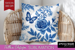 Blue Toile Flowers Pillow Sublimation - Chinoiserie Pillow Product Image 1