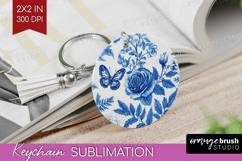 Blue Toile Flowers Keychain PNG - Chinoiserie Keychain Product Image 1