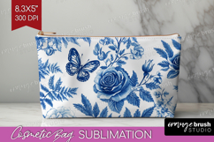Blue Toile Flowers Cosmetic Bag - Chinoiserie Makeup Bag PNG Product Image 1