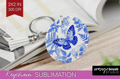 Blue Toile Flowers Keychain PNG - Chinoiserie Keychain Product Image 1