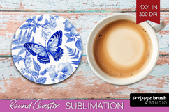 Blue Toile Flowers Round Coaster - Chinoiserie Coaster PNG Product Image 1