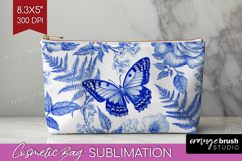 Blue Toile Flowers Cosmetic Bag - Chinoiserie Makeup Bag PNG Product Image 1