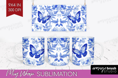 Blue Toile Flowers Mug Wrap - Chinoiserie Mug PNG Product Image 1