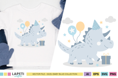Blue triceratops birthday clipart shown on a white kids T-shirt, perfect for crafting and party decorations.