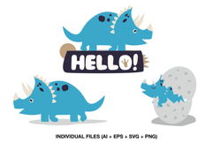 Three blue triceratops illustrations for dinosaur birthday decorations and party stationery
