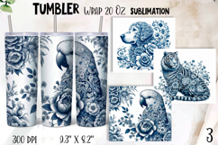 Chinoiserie blue animal Watercolor Sublimation Tumbler Wrap Product Image 1