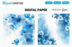 Blue Watercolor Floral Digital Paper, Blue Floral Background Product Image 1