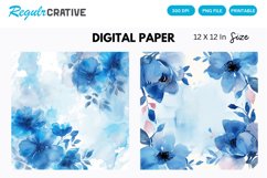 Blue Watercolor Floral Digital Paper, Blue Floral Background Product Image 1