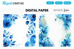 Blue Watercolor Floral Digital Paper, Blue Floral Background Product Image 1