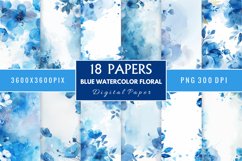 Blue Watercolor Floral Digital Paper Bundle Product Image 1