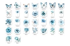 Blue Watercolor Flowers and Butterfly Clipart