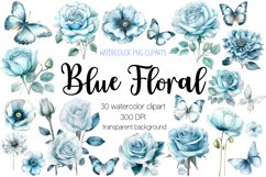 Blue Watercolor Flowers and Butterfly Clipart
