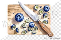 Chopped Blueberries on Wooden Cutting Board with Knife PNG Product Image 1