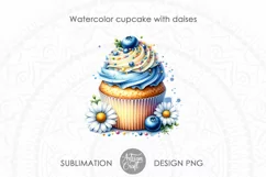 Watercolor blueberry cupcake, sprinkles and daisy flowers 